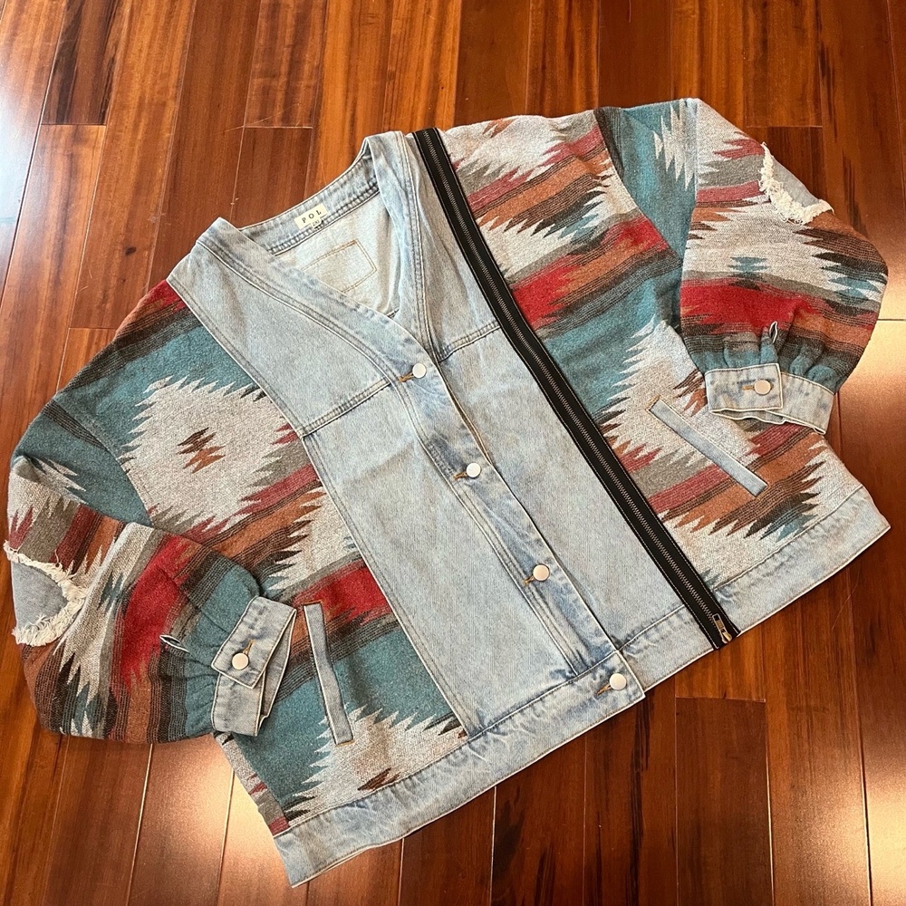 New POL Denim‎ Jacket Aztec Southwest Boho Tapestry Print Jean Plus Size 2X